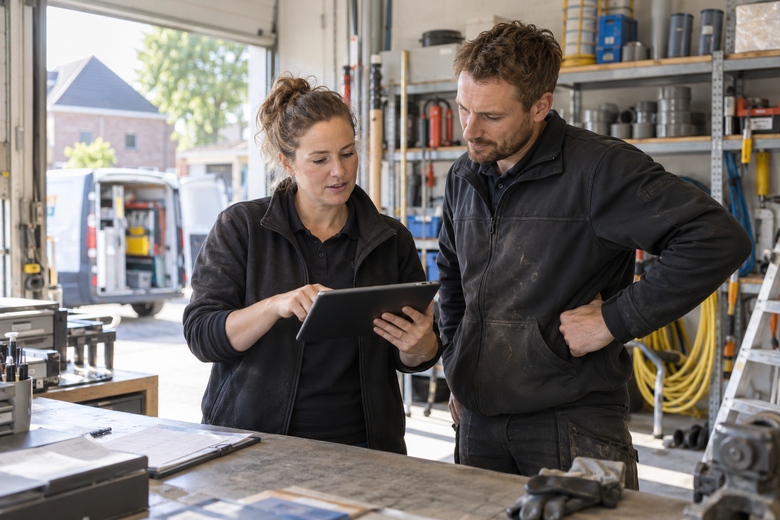 A planner and technician review a tablet together in a workshop with tools and storage shelves